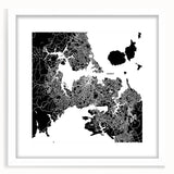 Large abstract depiction of Auckland skyline in shades of blue and gray on a white framed canvas.