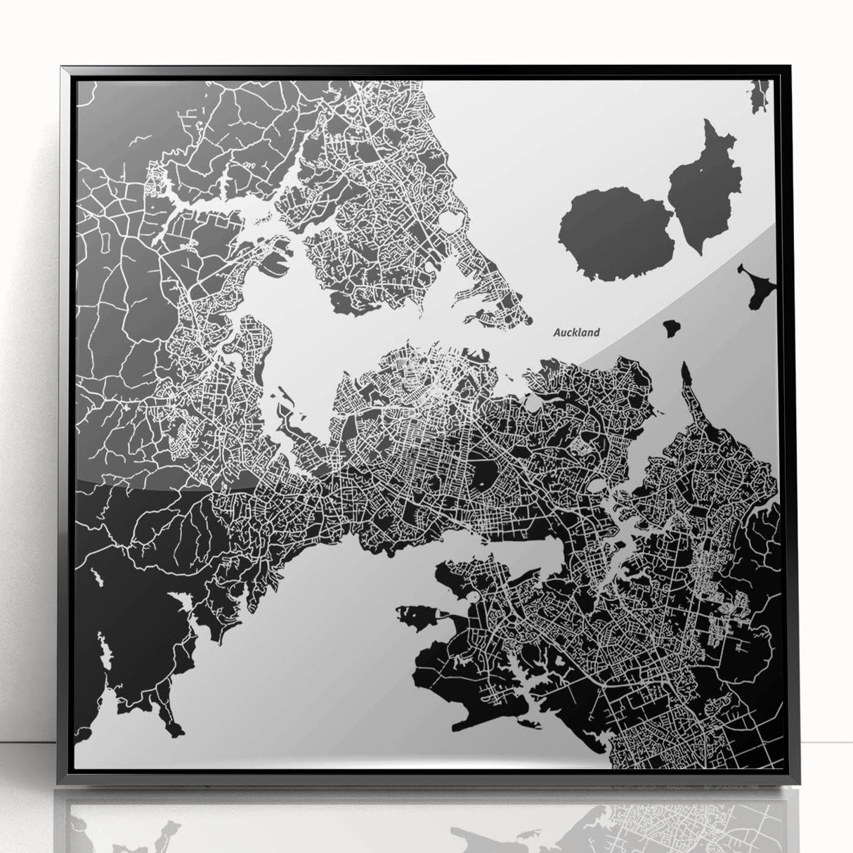 Large abstract wall art of Auckland skyline in muted gray and blue tones on a framed acrylic.