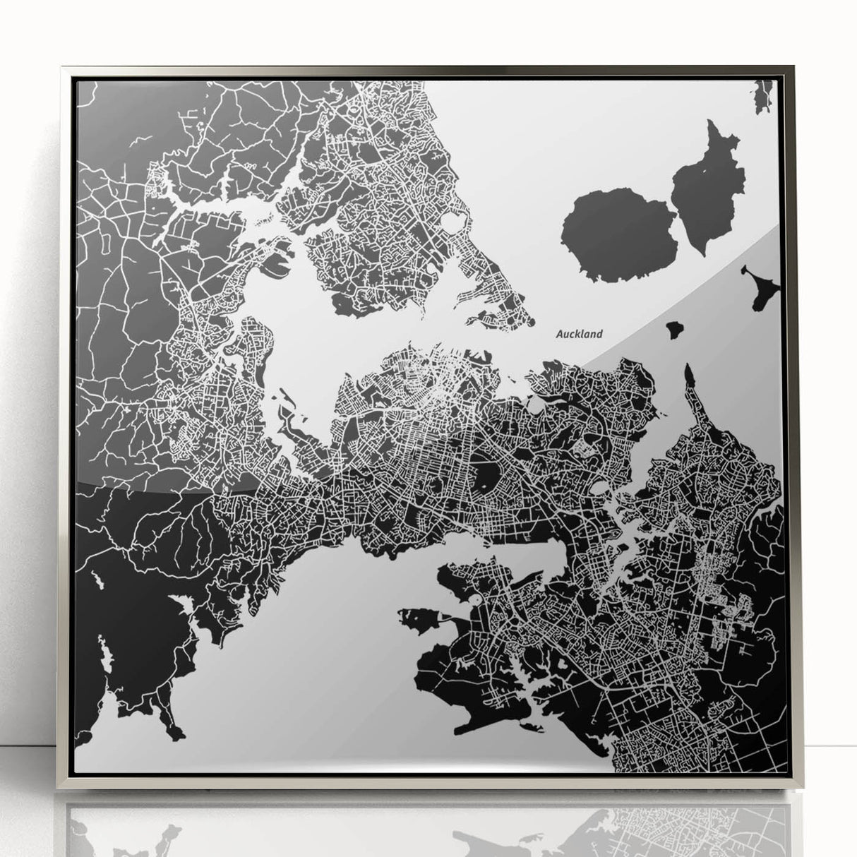 Mid-century modernist art of Auckland skyline in muted blue tones on a silver-framed acrylic.