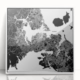 Art deco style poster of Auckland skyline with muted blue tones, framed in white acrylic.