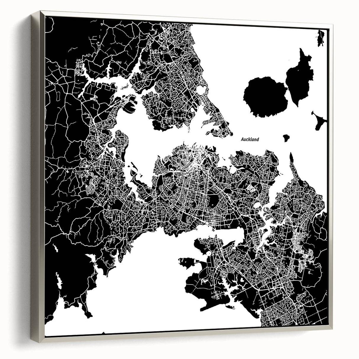 Framed canvas landscape art painting of Auckland with colorful and black vintage poster art style.
