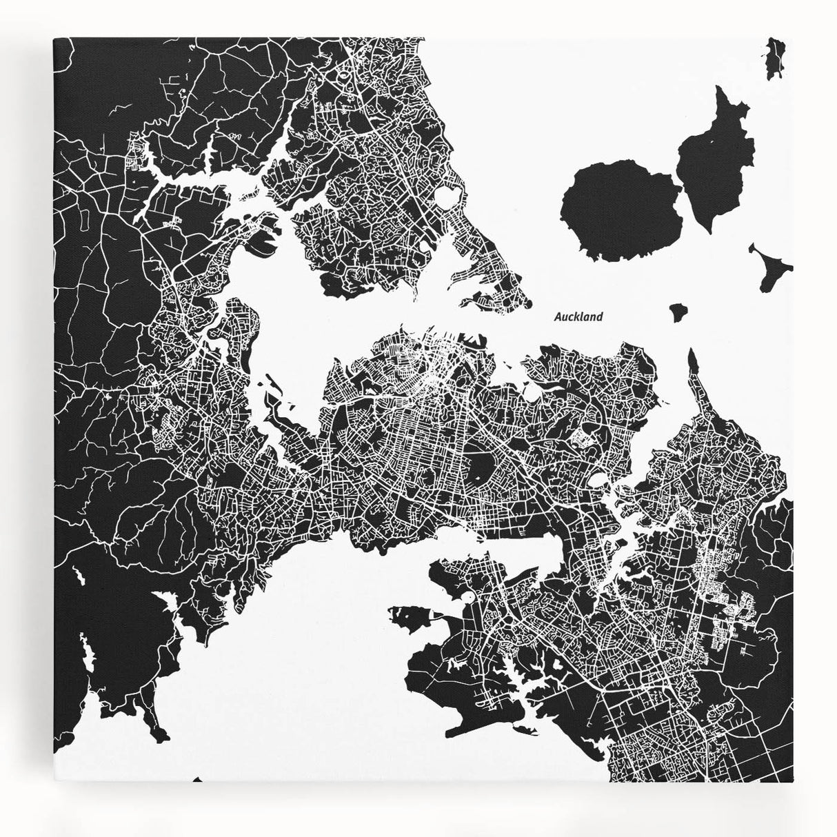 Black and white photo of Auckland skyline on large stretched canvas, ideal for kitchen wall art.