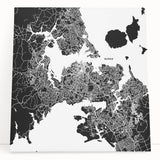 Black and white photograph of Auckland skyline on stretched canvas, suitable as large kitchen wall art or bedroom decor.