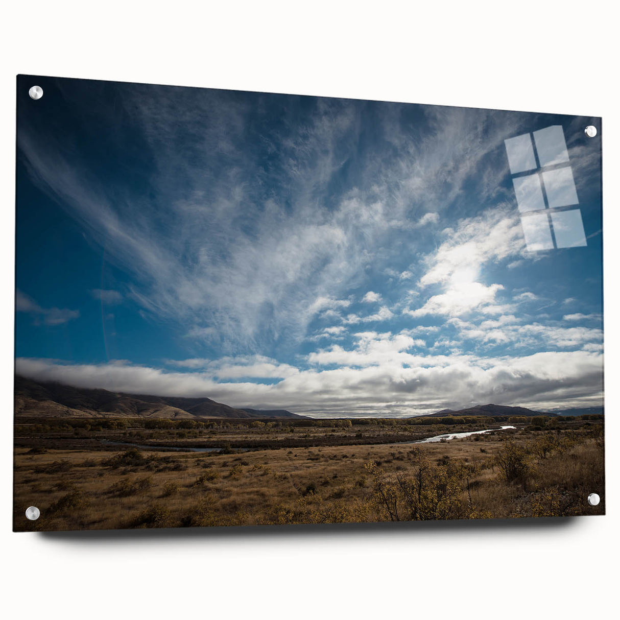 Acrylic print of a large abstract depiction of Otago, New Zealand, in blue and green tones.