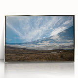 Mid-century modernist art depicting Otago, New Zealand landscape in muted earth tones on a silver-framed acrylic.