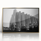 Mid-century modernist art of Mount Taranaki in New Zealand, rendered in cool blue and green tones, framed acrylic print.