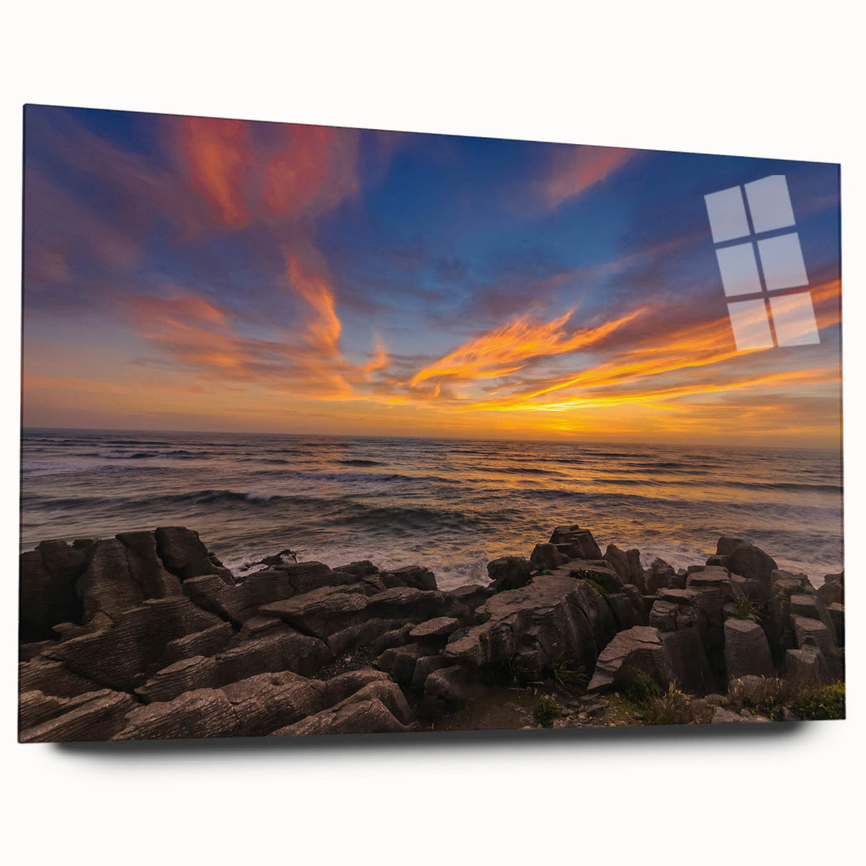Large abstract wall art depicting the rugged West Coast of New Zealand in muted earth tones on acrylic glass.