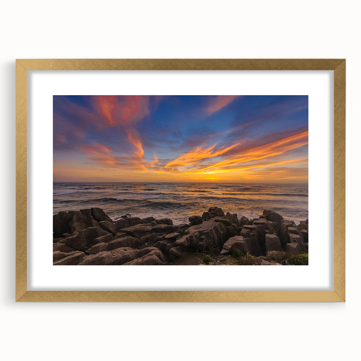 Extra large abstract art print of New Zealand's West Coast in textured gold frame, using muted earth tones.
