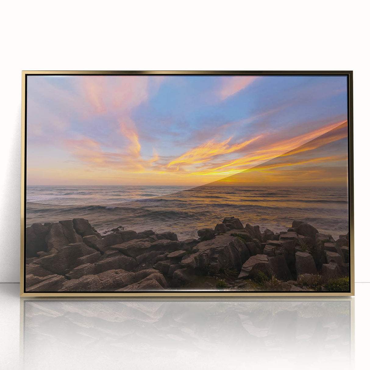 Mid-century modernist art depicting New Zealand's West Coast in acrylic, framed in gold, suitable for nursery wall decor.