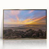Mid-century modernist art depicting New Zealand's West Coast in acrylic, framed in gold, suitable for nursery wall decor.