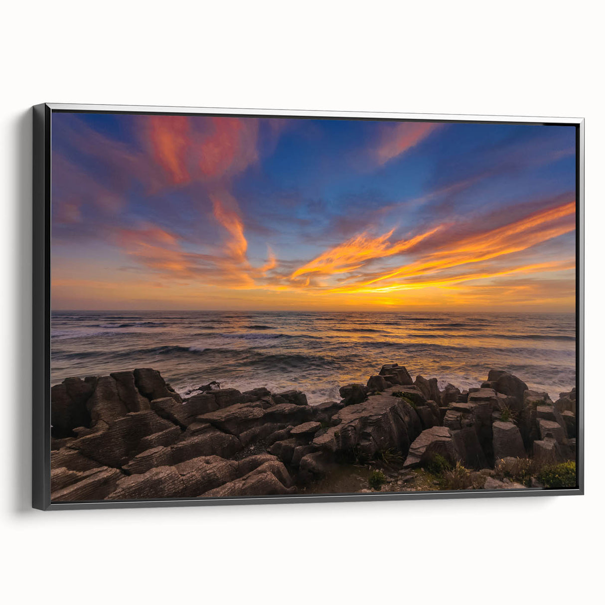 Black and white landscape art painting of New Zealand's west coast on framed canvas, ideal for bedroom decor.