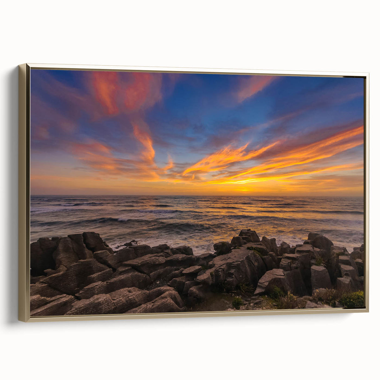 Framed canvas of a vintage-style New Zealand West Coast landscape in black and gold tones, ideal for bedroom wall art.