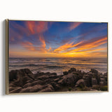 Framed canvas of a vintage-style New Zealand West Coast landscape in black and gold tones, ideal for bedroom wall art.