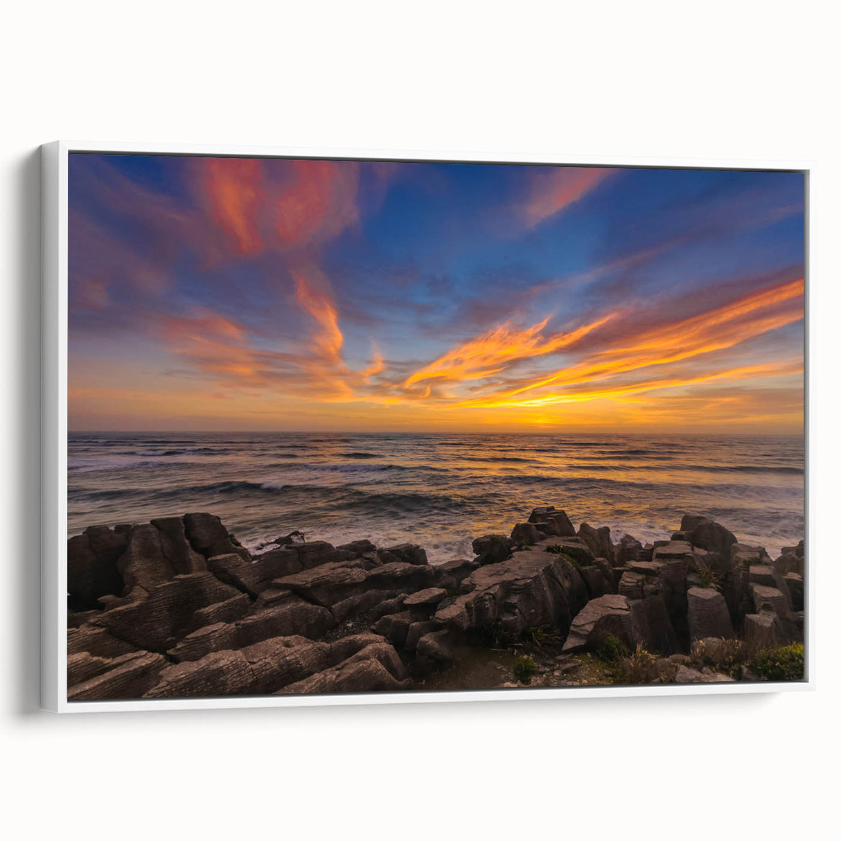 Vintage poster art of New Zealand West Coast in vibrant colors on a white-framed canvas.