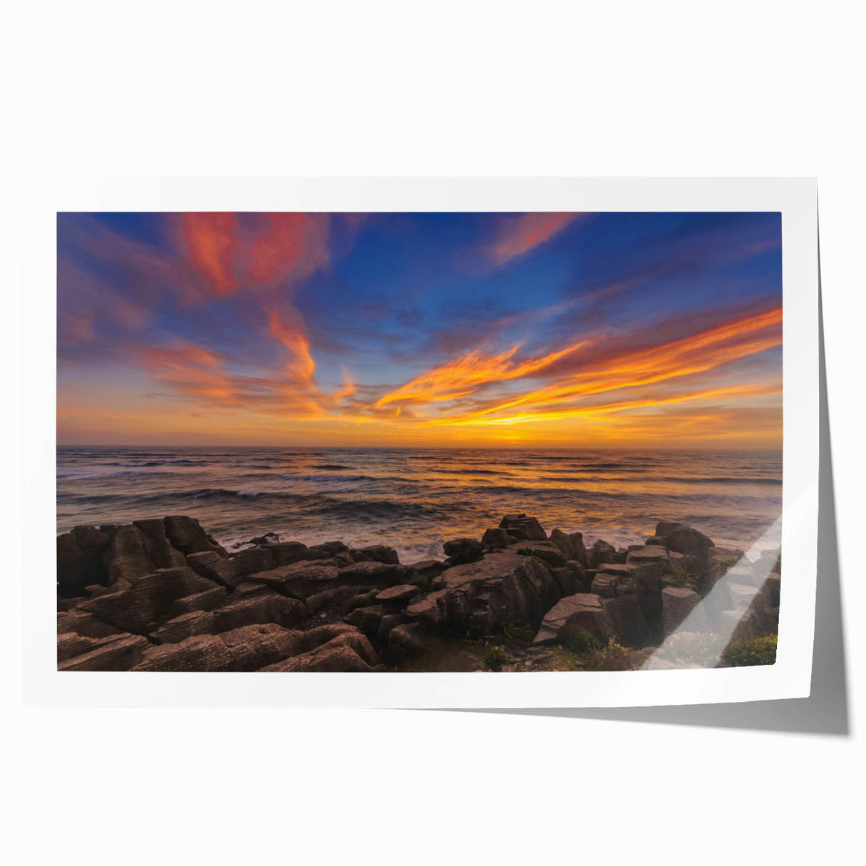 Extra large rolled print of New Zealand's West Coast with vibrant ocean and lush landscapes, ideal for art wall dining room.