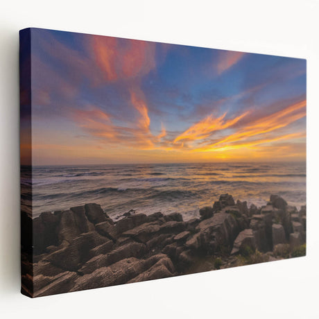 Large stretched canvas featuring a serene New Zealand west coast scenery in muted blue and green tones.