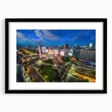 Extra large abstract art print of a colorful, textured Buenos Aires cityscape on a framed black mat.