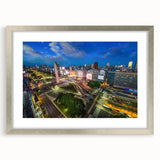 Abstract textured art print depicting a muted color palette of Buenos Aires skyline in a silver frame.