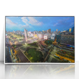 Art deco poster of Buenos Aires skyline in muted pastel shades on white framed acrylic, suitable for modern nursery decor.