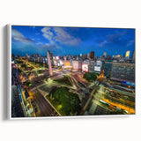 Vintage poster art of Buenos Aires scenery on extra large framed canvas, featuring colorful art on a black background.