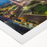 Art deco poster of Buenos Aires skyline in muted gold and black on rolled canvas, suitable for dining room decor.