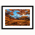 Extra large, colorful abstract art print of a textured South American scenery, framed in black, ideal for living room decor.