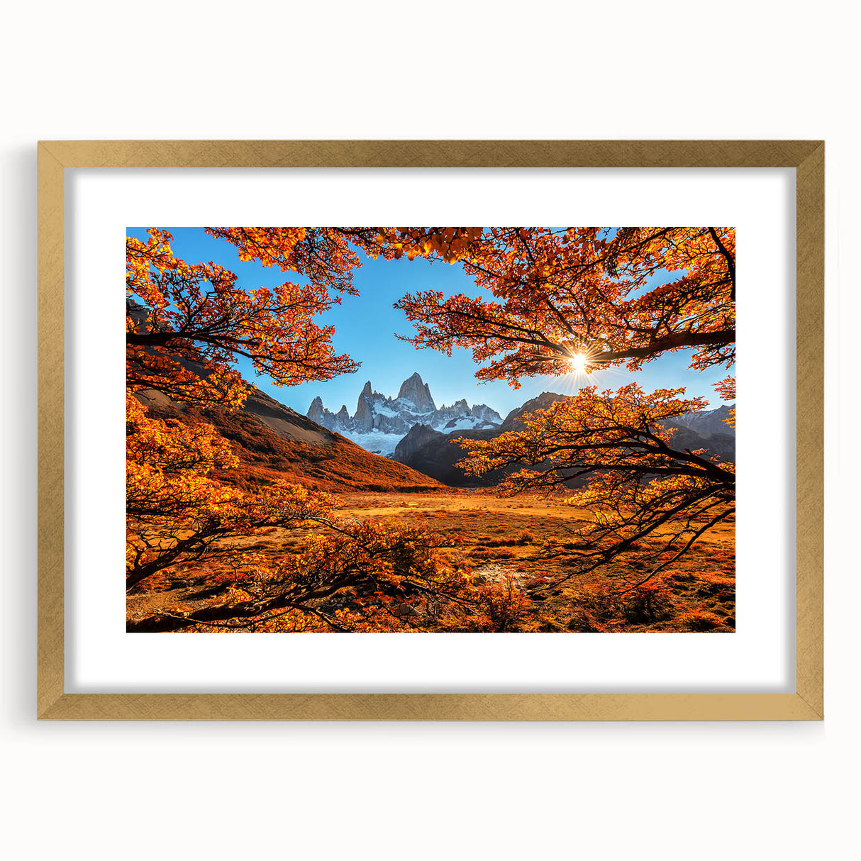 Extra large abstract art print of a textured South American scenery in a gold frame, ideal for living room decor.
