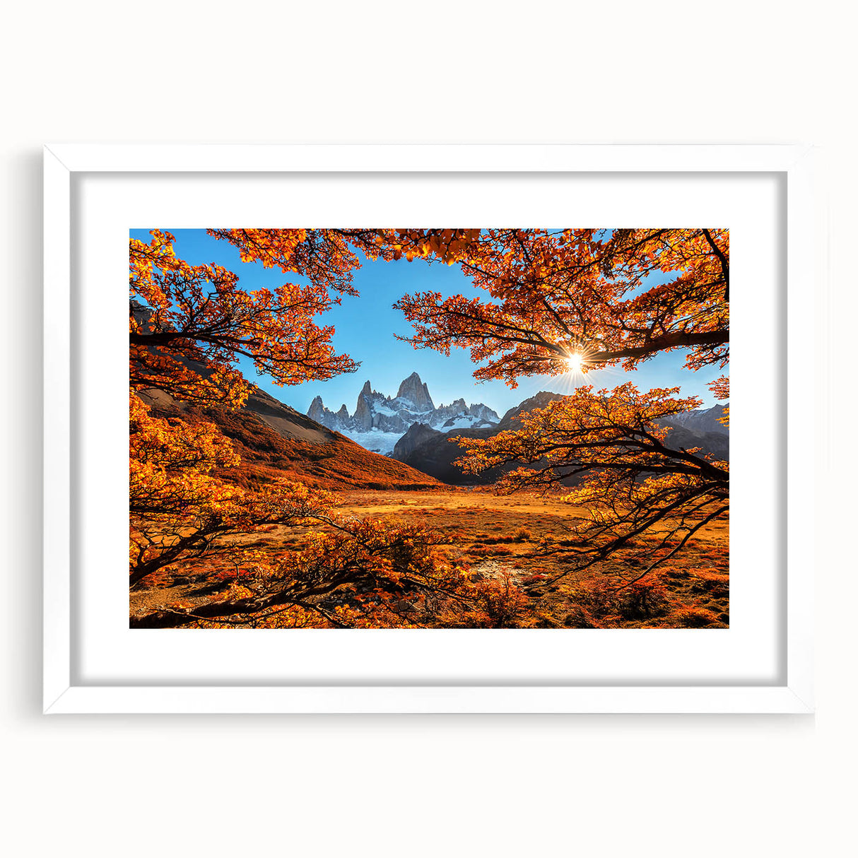 Abstract art print of a stylized Argentinian landscape in muted earth tones, framed with a white mat.