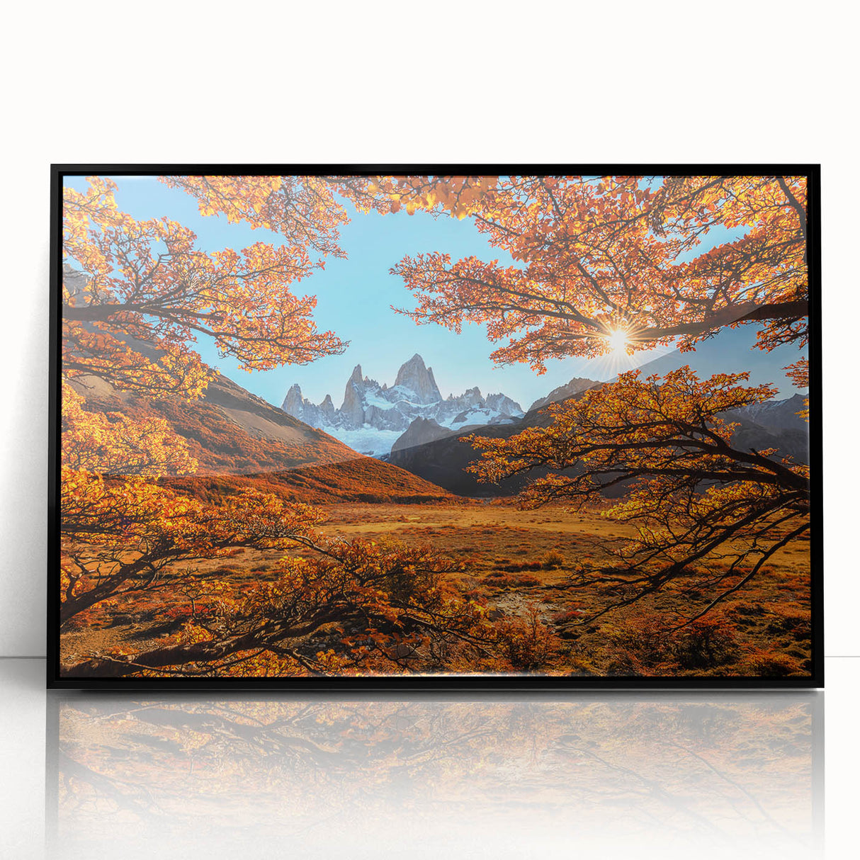 Large abstract wall art depicting a vibrant South American landscape in acrylic, framed in black.