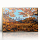 Mid-century modernist style landscape of Argentina with gold tones on acrylic framed print.