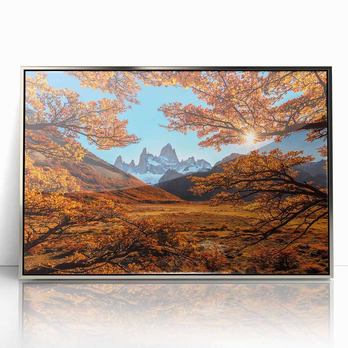 Mid-century modernist art depicting an Argentinian landscape in muted earth tones on a silver-framed acrylic print.