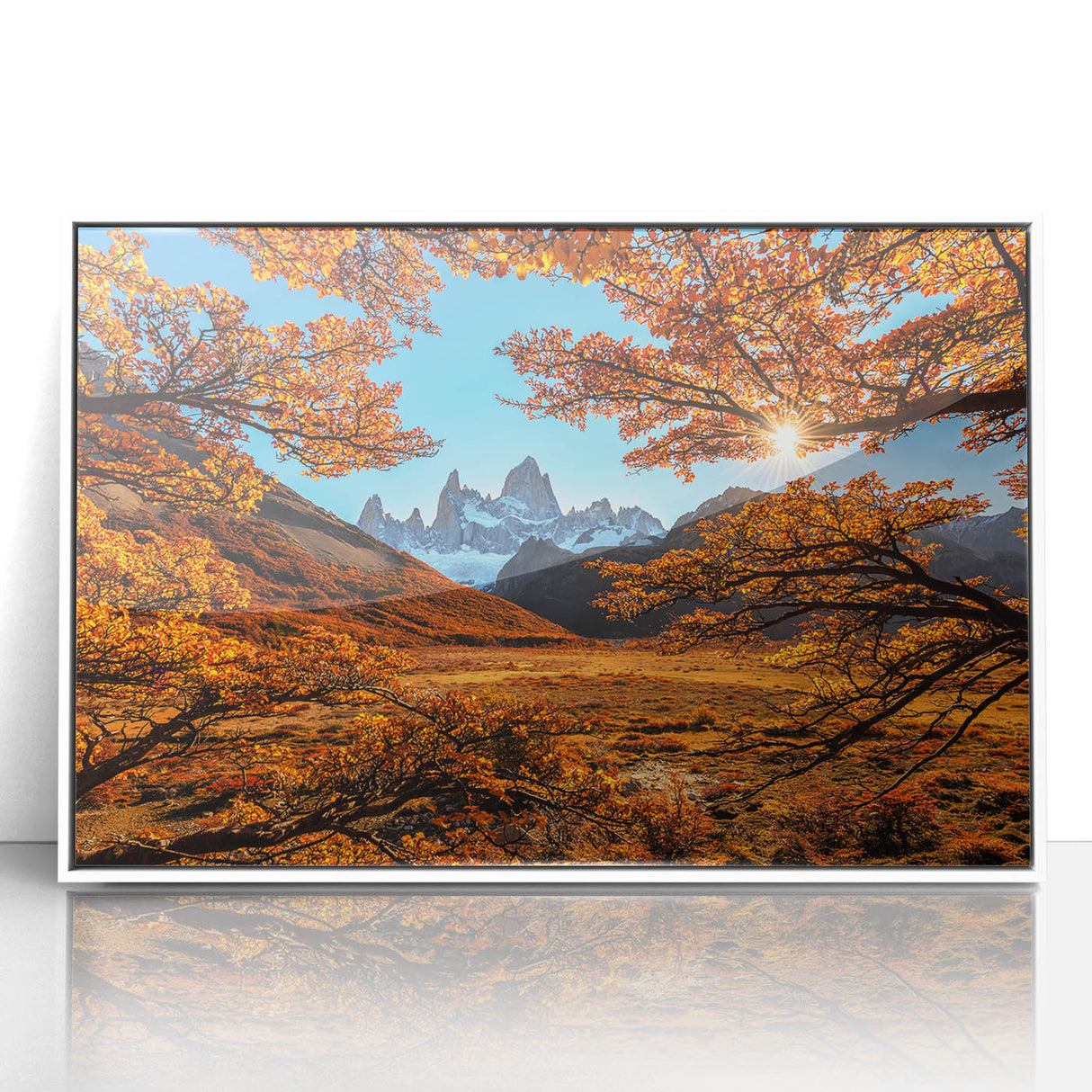 Art deco poster of a scenic Argentine landscape in muted earth tones on a framed acrylic.