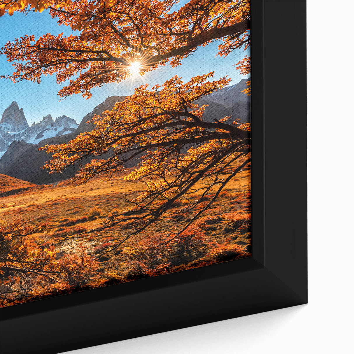 Extra large black wall art of a textured Argentine landscape on framed canvas, with vibrant colors.