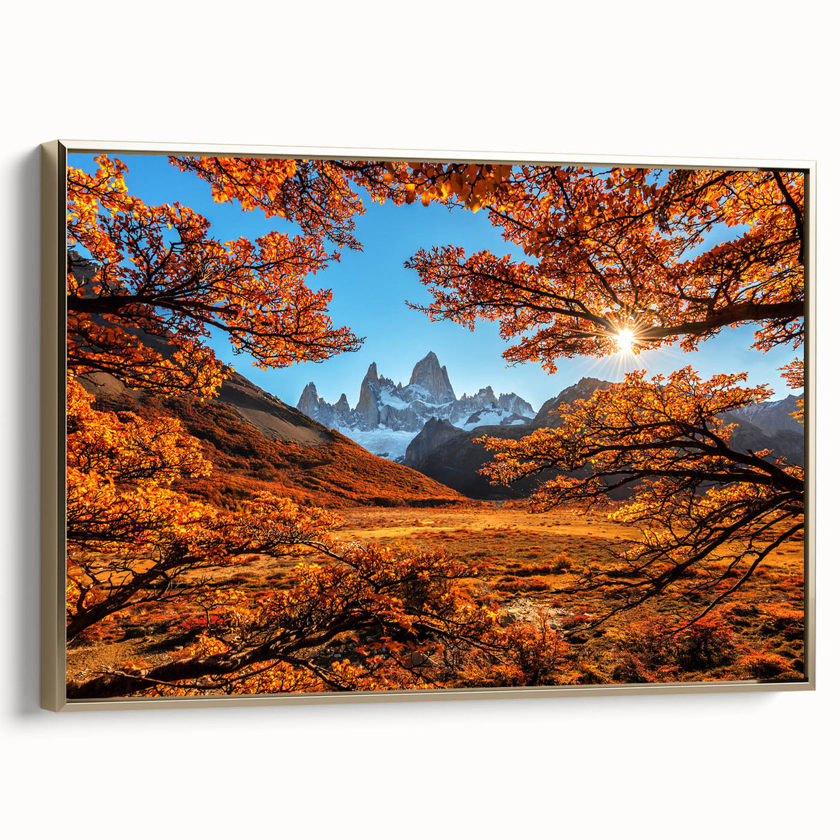 Framed canvas featuring a vintage-style landscape of an Argentine scenery in black and gold tones.