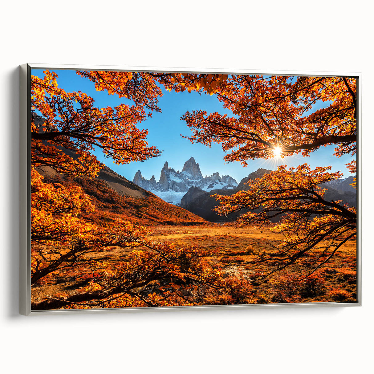 Framed canvas landscape art painting featuring a colorful vintage poster of an Argentine scenery, ideal for a living room.