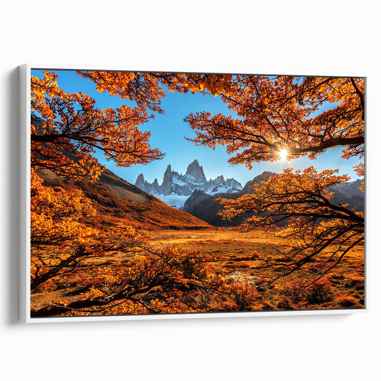 Vintage poster art of an Argentine landscape on a framed canvas, featuring vibrant colors, ideal for living room decor.