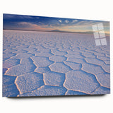 Large abstract wall art depicting a serene Bolivian landscape in muted earth tones on acrylic glass.