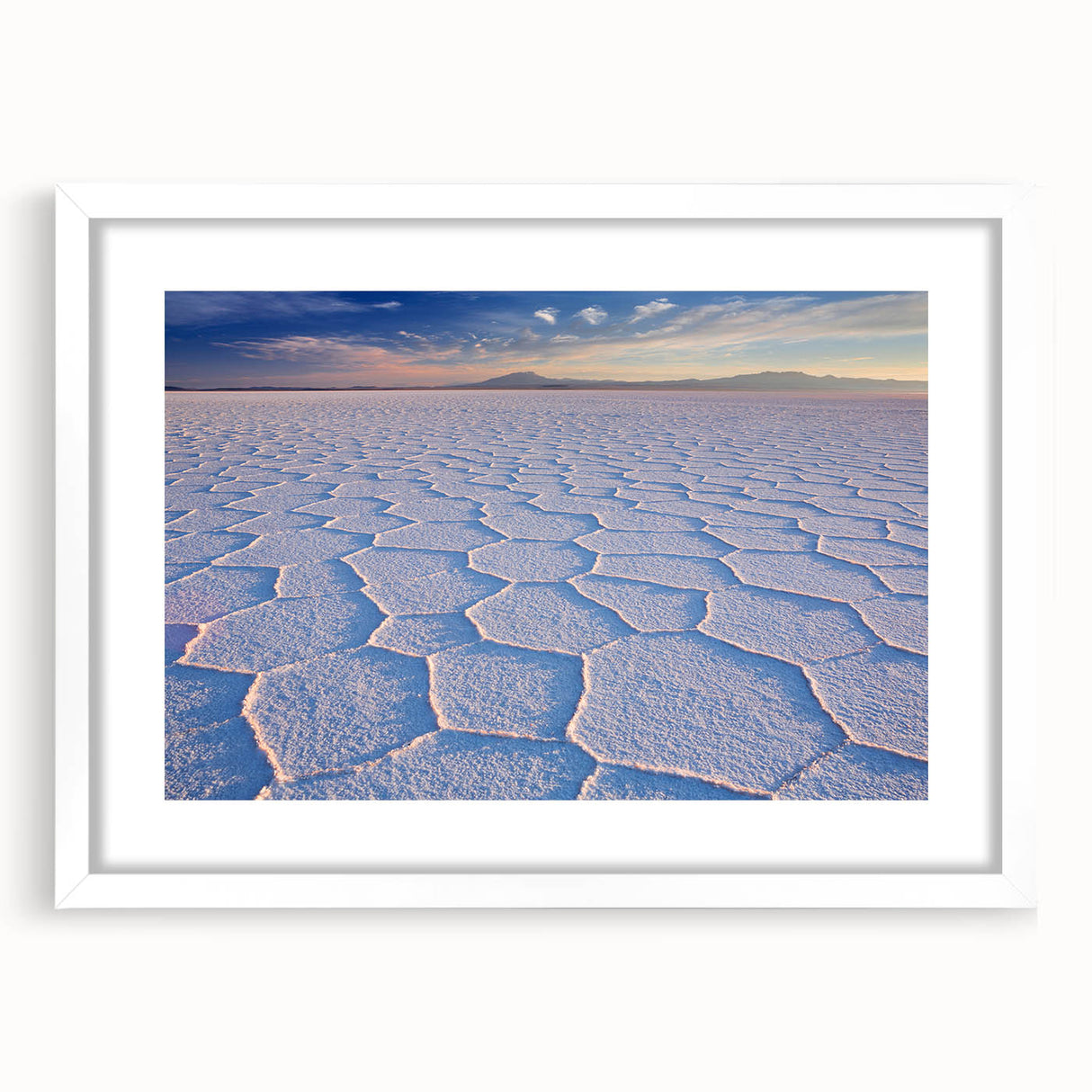 Abstract art print of a Bolivian landscape in muted earth tones on a framed white mat.