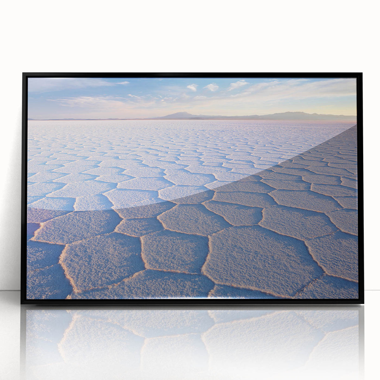 Large abstract wall art depicting a Bolivian landscape in muted earth tones on a framed acrylic.