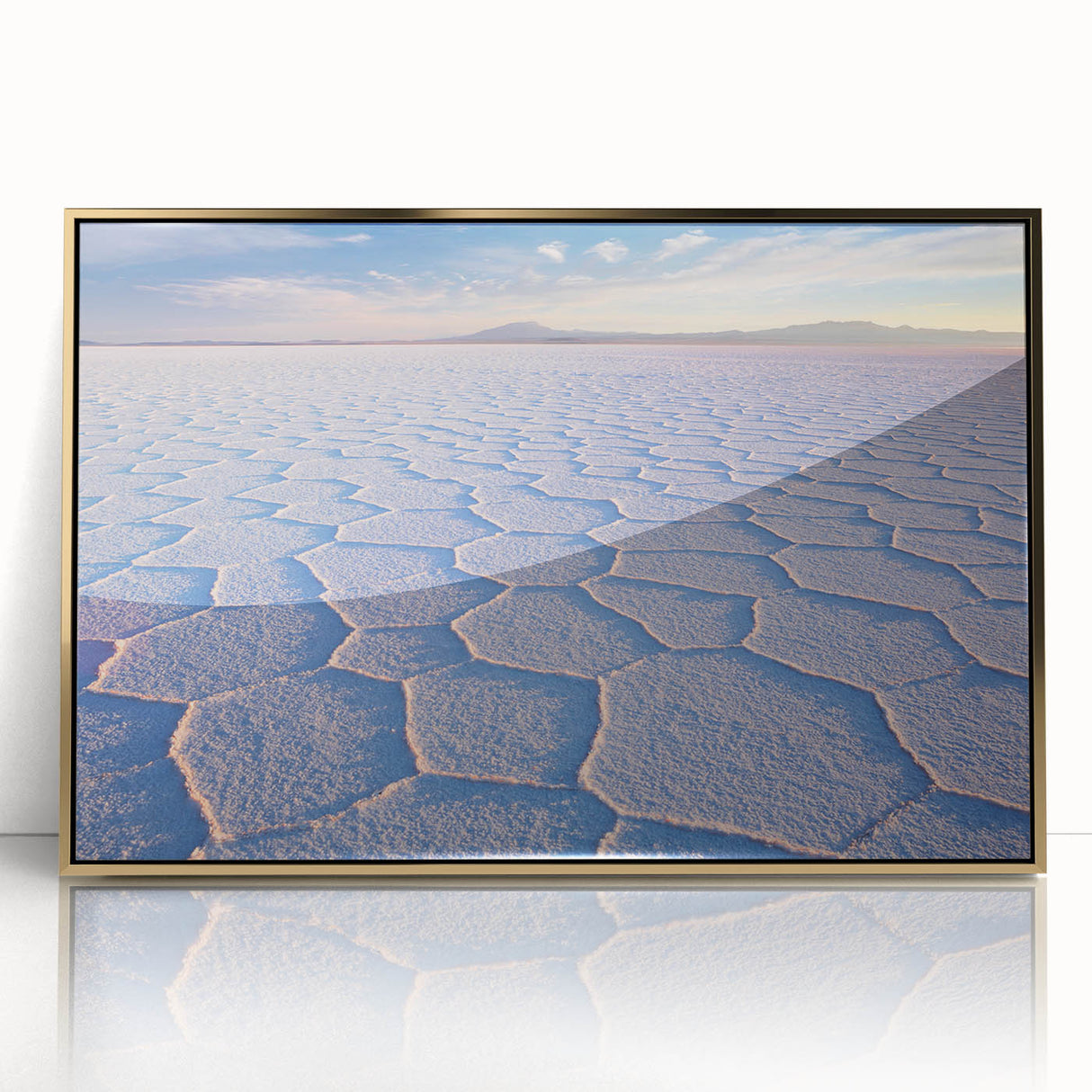 Mid-century modernist art depicting South American Bolivian scenery in gold tones, framed acrylic print.