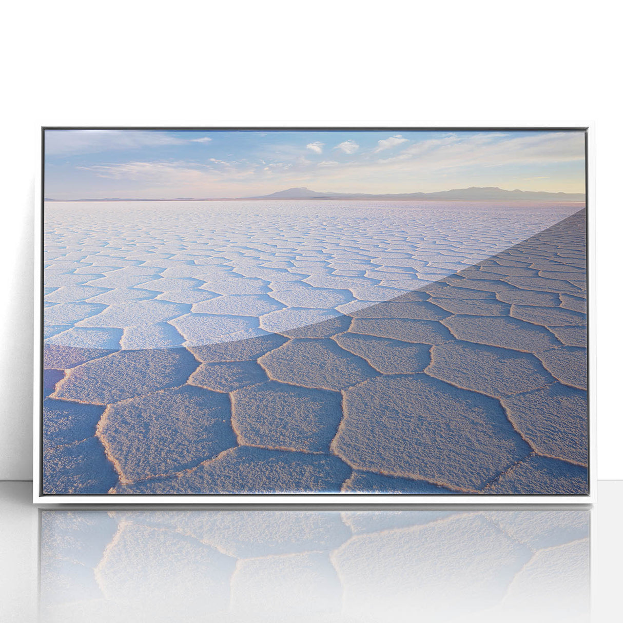 Acrylic print of a Bolivian landscape with soft pastel colors, framed in white, suitable for modern art wall decor.