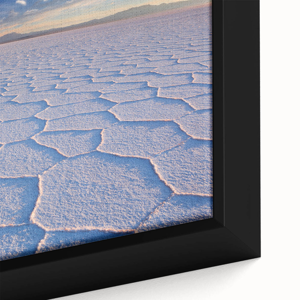 Extra large framed canvas of a Bolivian landscape in black with colorful, textured details, suitable for living room decor.