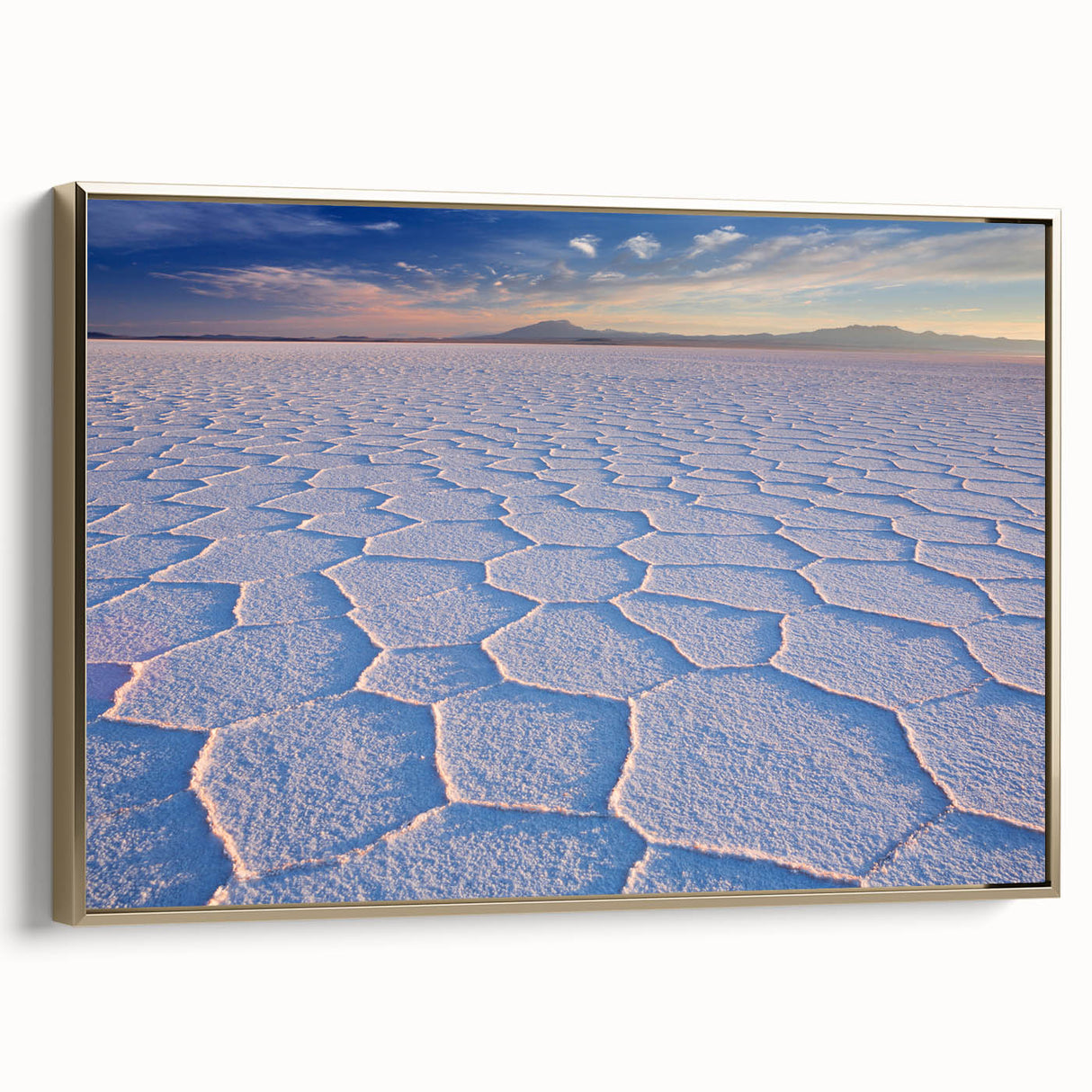 Framed canvas featuring a vintage-style landscape painting of a Bolivian scenery in muted gold and black tones.