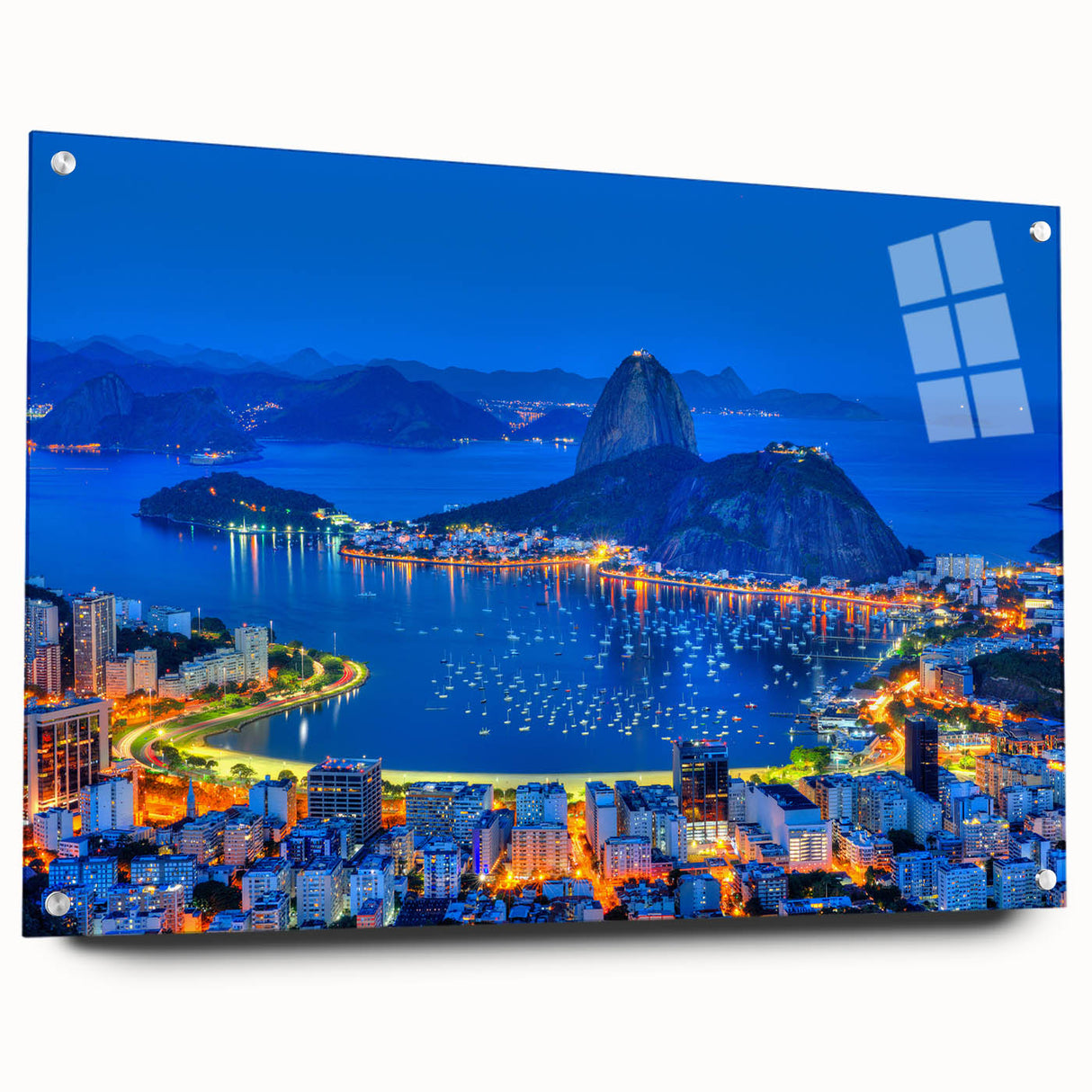 Large abstract depiction of a Brazilian landscape in vibrant greens and blues on acrylic glass, ideal for dining room art.