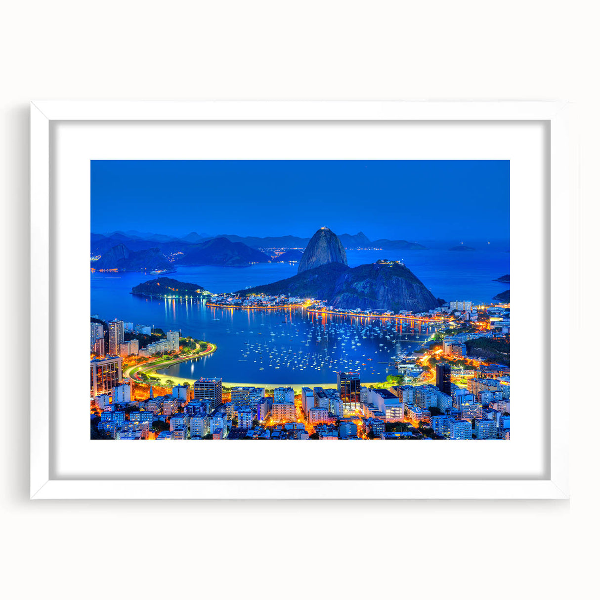 Abstract art print of a stylized Brazilian landscape in cool blue and green hues on a framed white canvas.