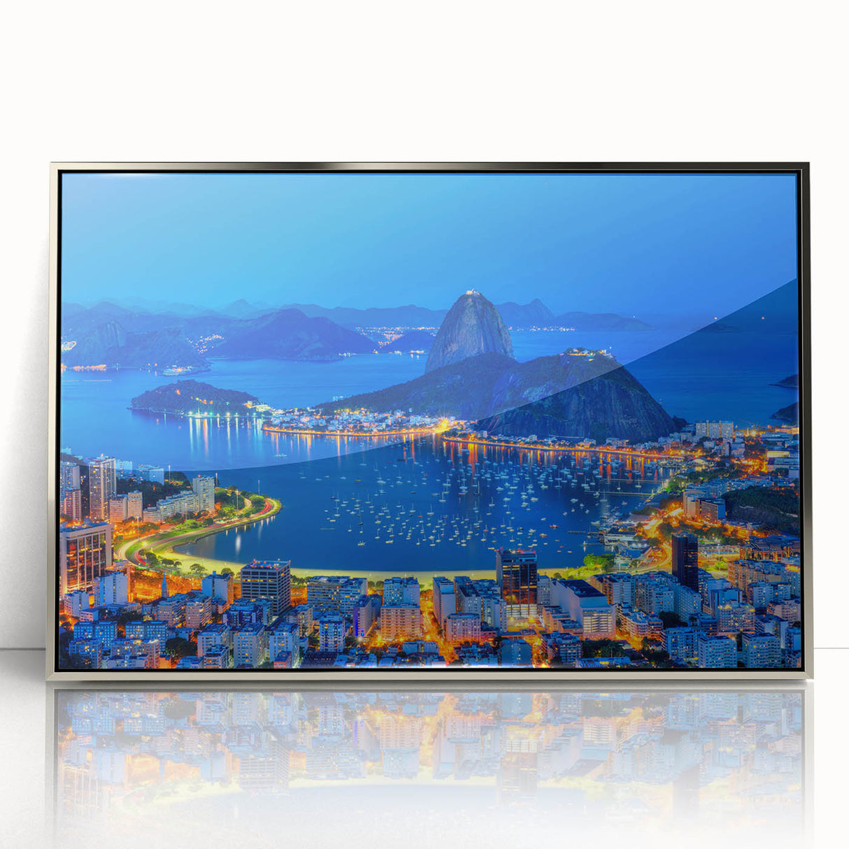 Mid-century modernist art depicting a vibrant Brazilian landscape on a silver-framed acrylic print.