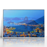 Art deco poster of a Brazilian landscape in soft pastel hues on white framed acrylic, ideal for nursery wall art.