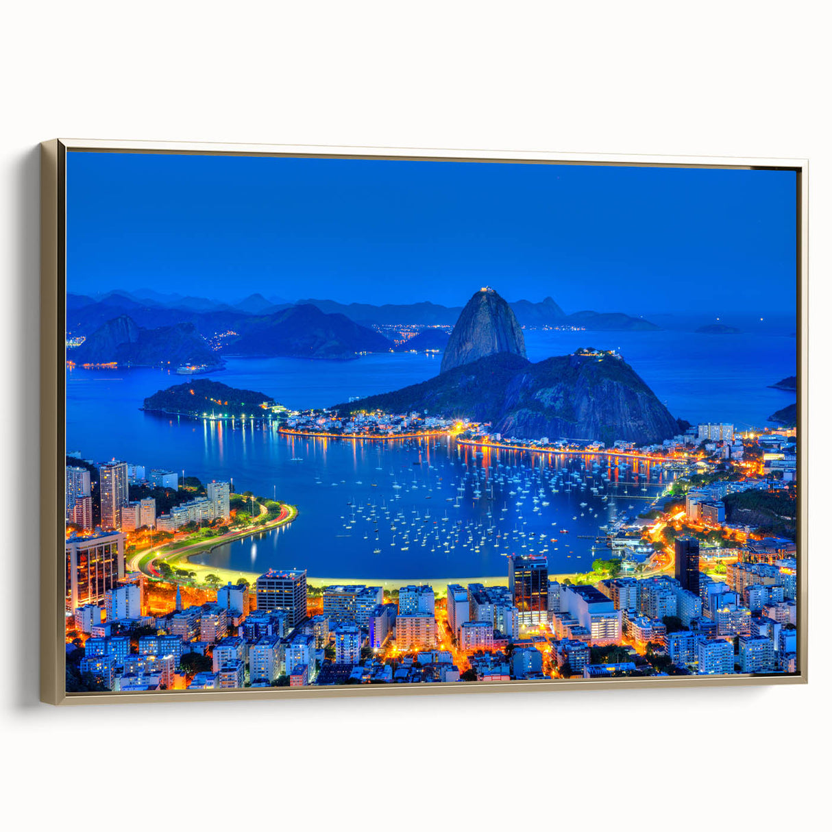 Framed canvas of a vintage-style Brazilian landscape in black and gold tones, ideal for bedroom wall art.
