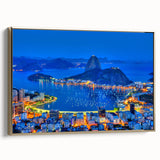 Framed canvas of a vintage-style Brazilian landscape in black and gold tones, ideal for bedroom wall art.