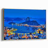 Landscape art painting of a vibrant Brazilian scene on a framed canvas, with vivid colors against a black background.